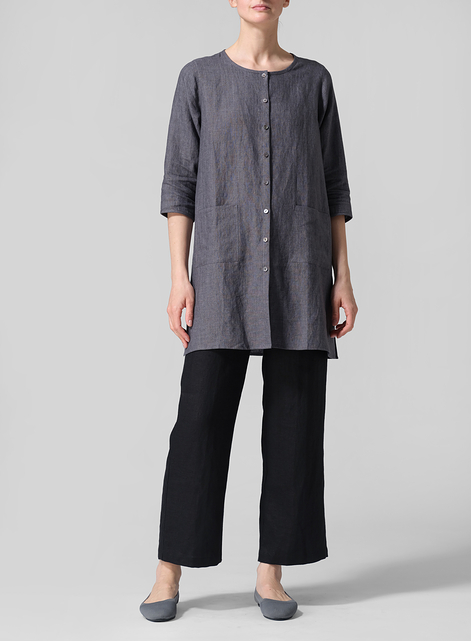 Linen Three-quarter Sleeve Button Front Top