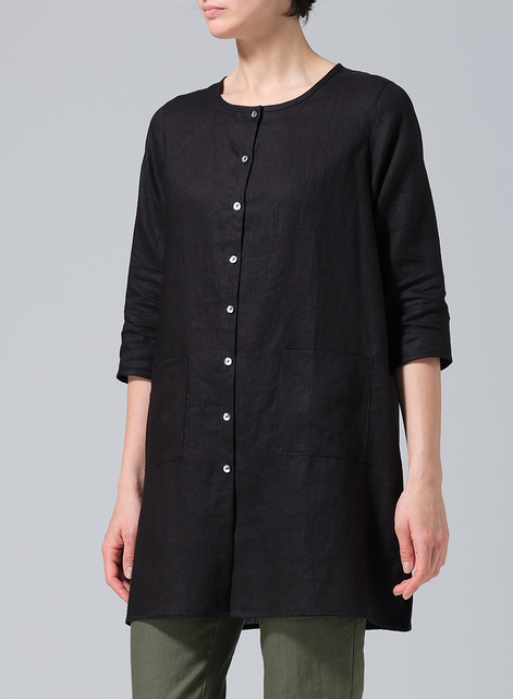 Linen Three-quarter Sleeve Button Front Top