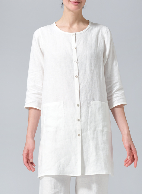 Linen Three-quarter Sleeve Button Front Top