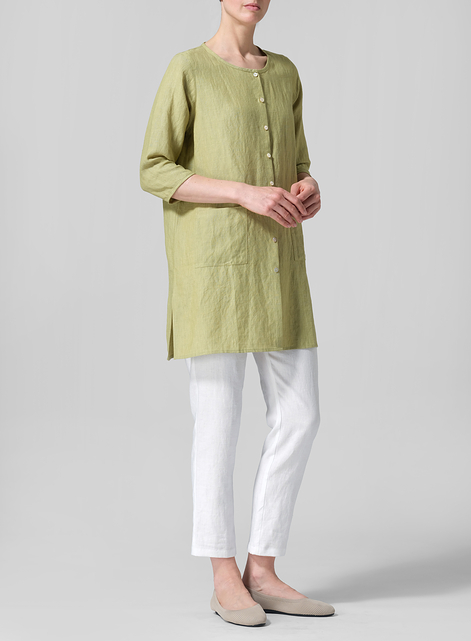 Linen Three-quarter Sleeve Button Front Top