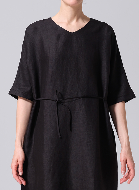 Linen Drawstring Half Sleeve Tunic Dress