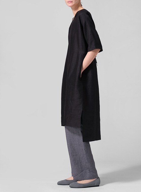 Linen Drawstring Half Sleeve Tunic Dress