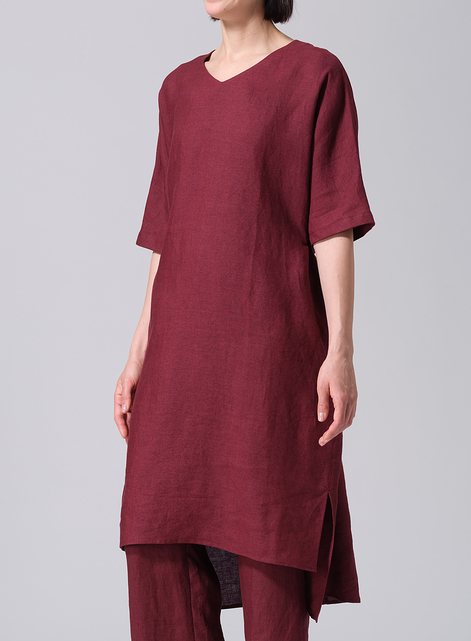 Linen Drawstring Half Sleeve Tunic Dress