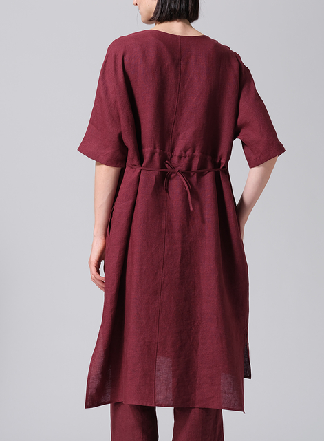 Linen Drawstring Half Sleeve Tunic Dress