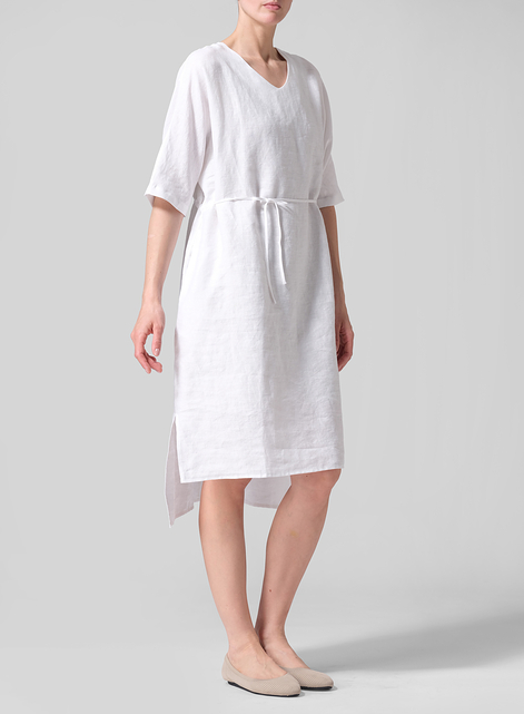Linen Drawstring Half Sleeve Tunic Dress