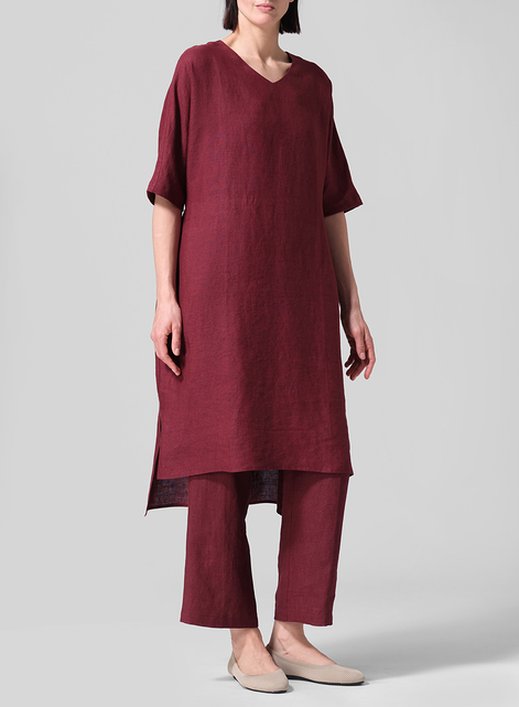 Linen Drawstring Half Sleeve Tunic Dress