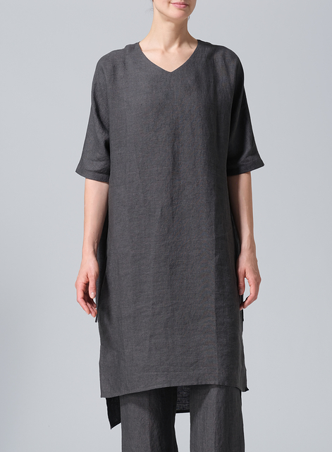 Linen Drawstring Half Sleeve Tunic Dress