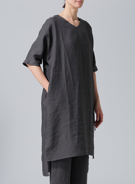 Linen Drawstring Half Sleeve Tunic Dress
