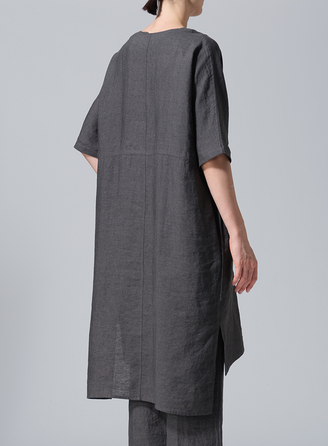 Linen Drawstring Half Sleeve Tunic Dress