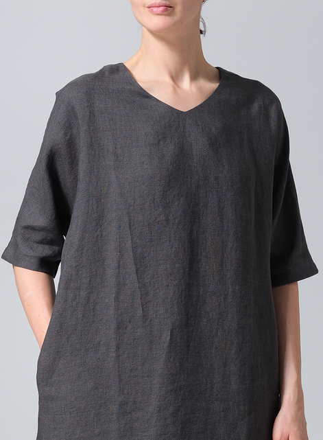 Linen Drawstring Half Sleeve Tunic Dress