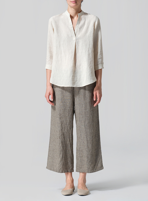 Linen Half-Open Collar V-Neck Shirt