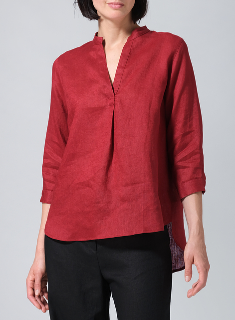 Linen Half-Open Collar V-Neck Shirt