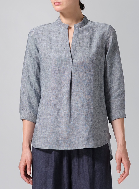 Linen Half-Open Collar V-Neck Shirt