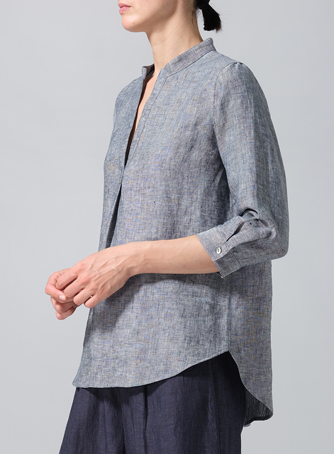 Linen Half-Open Collar V-Neck Shirt