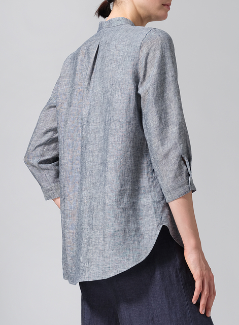 Linen Half-Open Collar V-Neck Shirt