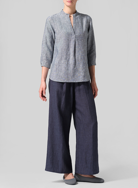 Linen Half-Open Collar V-Neck Shirt