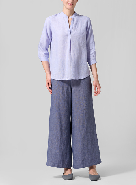 Linen Half-Open Collar V-Neck Shirt