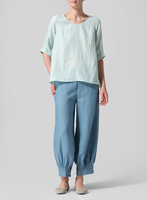 Linen Relaxed Scoop Neckline A-Shape Blouse