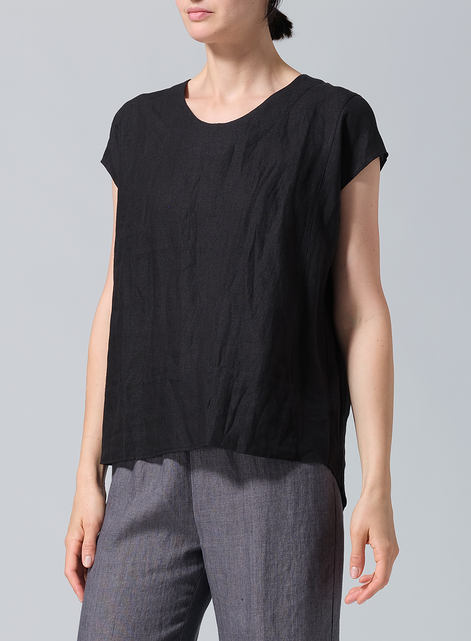 Linen Boxy Cap Sleeved Crew Neck Top