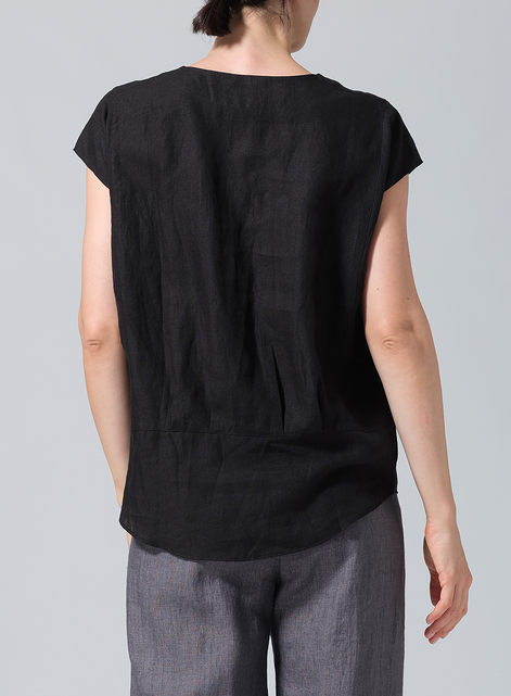 Linen Boxy Cap Sleeved Crew Neck Top