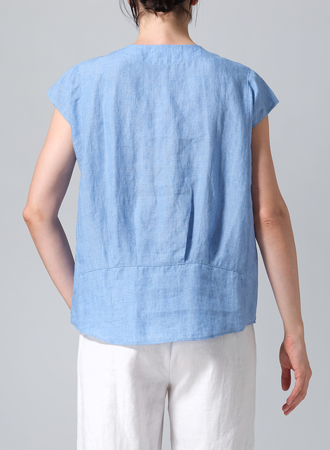 Linen Boxy Cap Sleeved Crew Neck Top