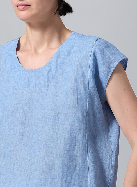 Linen Boxy Cap Sleeved Crew Neck Top