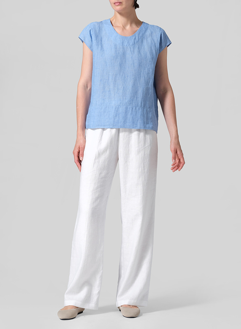Linen Boxy Cap Sleeved Crew Neck Top