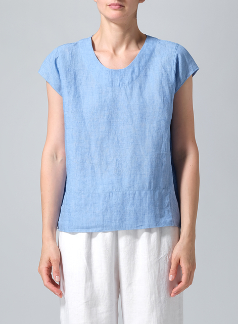 Linen Boxy Cap Sleeved Crew Neck Top