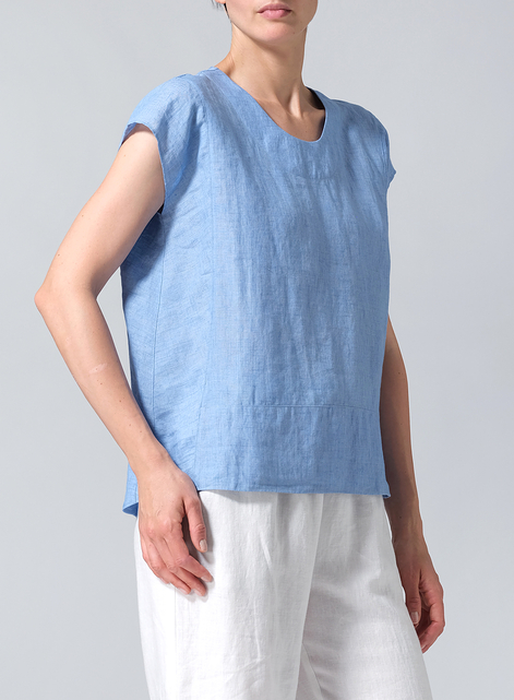 Linen Boxy Cap Sleeved Crew Neck Top