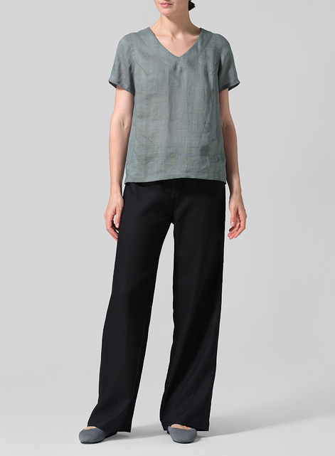 Linen V-neck Short-Sleeved Cropped Top​