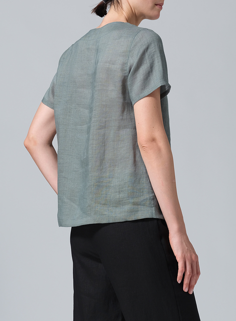 Linen V-neck Short-Sleeved Cropped Top​