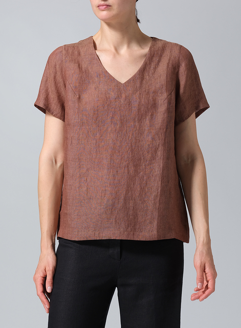 Linen V-neck Short-Sleeved Cropped Top​