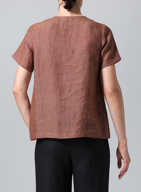 Linen V-neck Short-Sleeved Cropped Top​