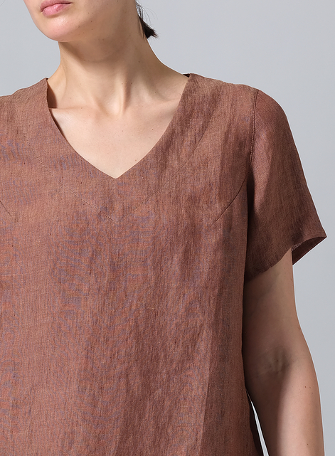 Linen V-neck Short-Sleeved Cropped Top​