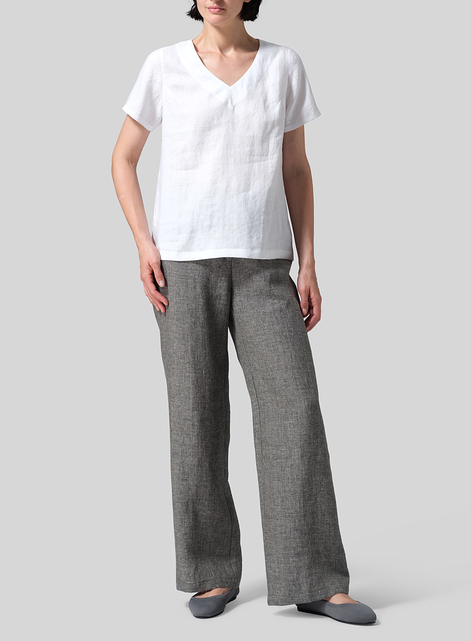 Linen V-neck Short-Sleeved Cropped Top​