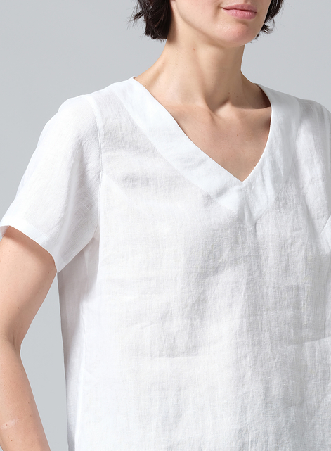 Linen V-neck Short-Sleeved Cropped Top​