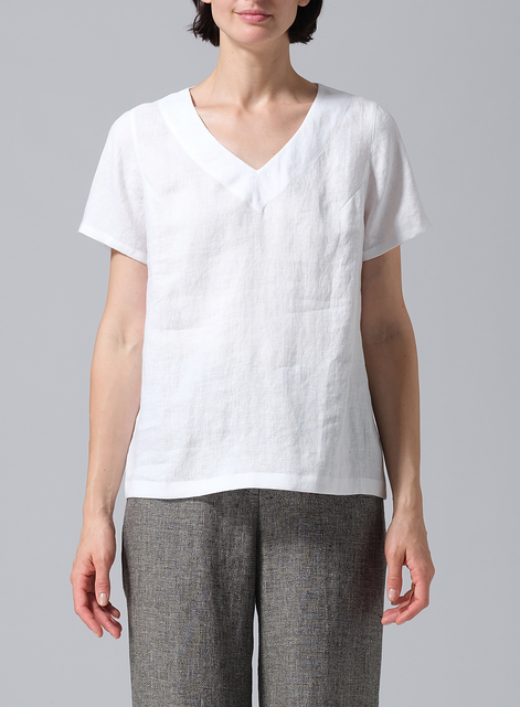 Linen V-neck Short-Sleeved Cropped Top​