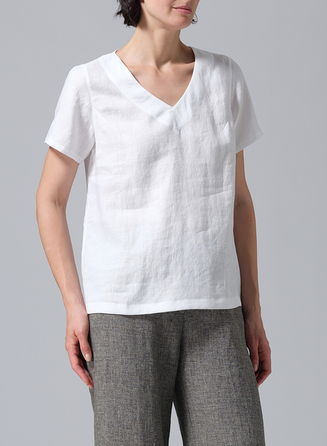 Linen V-neck Short-Sleeved Cropped Top​