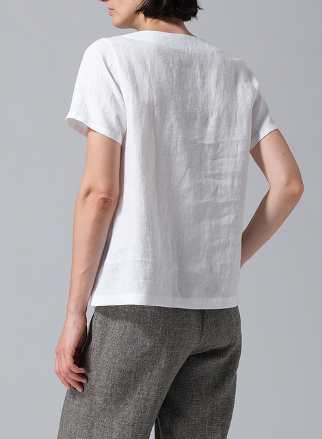 Linen V-neck Short-Sleeved Cropped Top​
