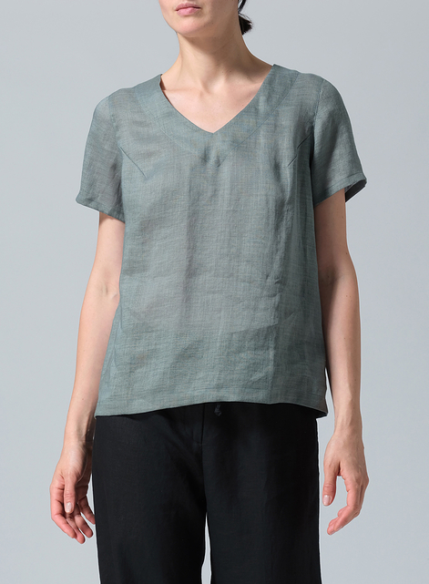 Linen V-neck Short-Sleeved Cropped Top​