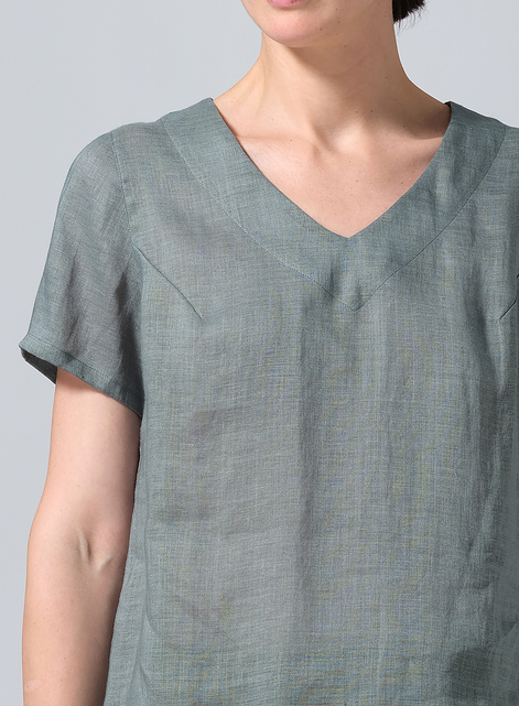 Linen V-neck Short-Sleeved Cropped Top​