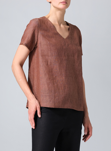 Linen V-neck Short-Sleeved Cropped Top​