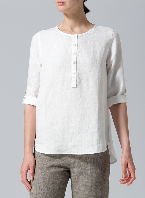 Linen Round Neck Half Button Mid-Length Top