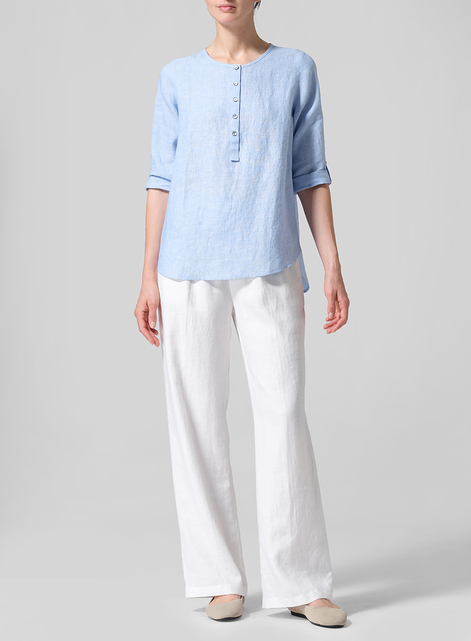 Linen Round Neck Half Button Mid-Length Top