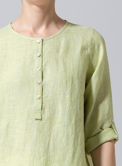 Linen Round Neck Half Button Mid-Length Top