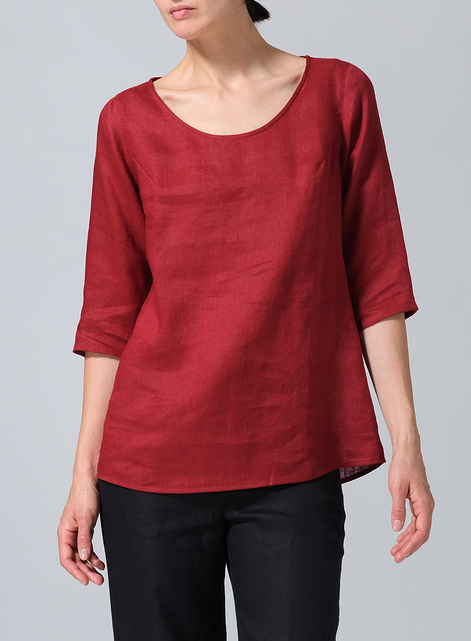 Linen Elbow Sleeve Casual Mid-Length Top