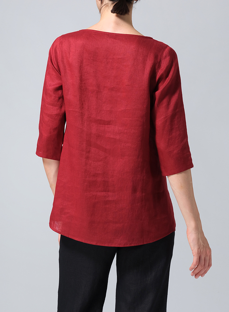 Linen Elbow Sleeve Casual Mid-Length Top