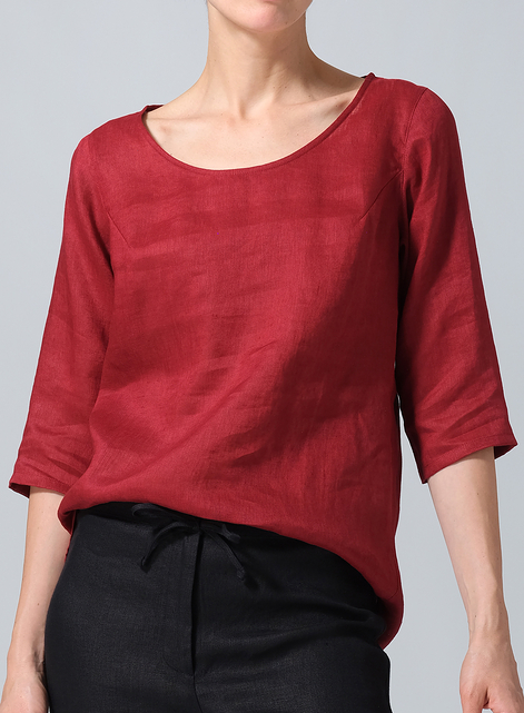 Linen Elbow Sleeve Casual Mid-Length Top
