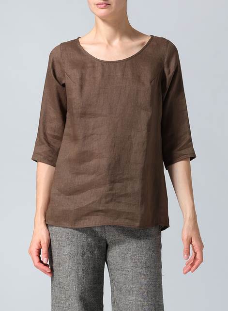 Linen Elbow Sleeve Casual Mid-Length Top