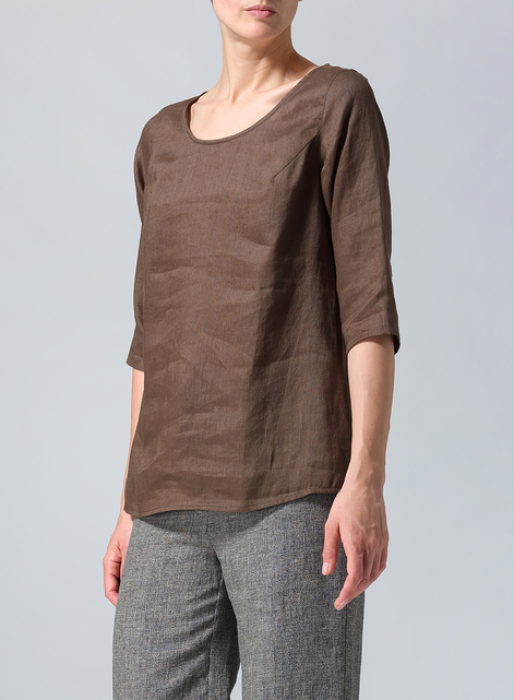 Linen Elbow Sleeve Casual Mid-Length Top